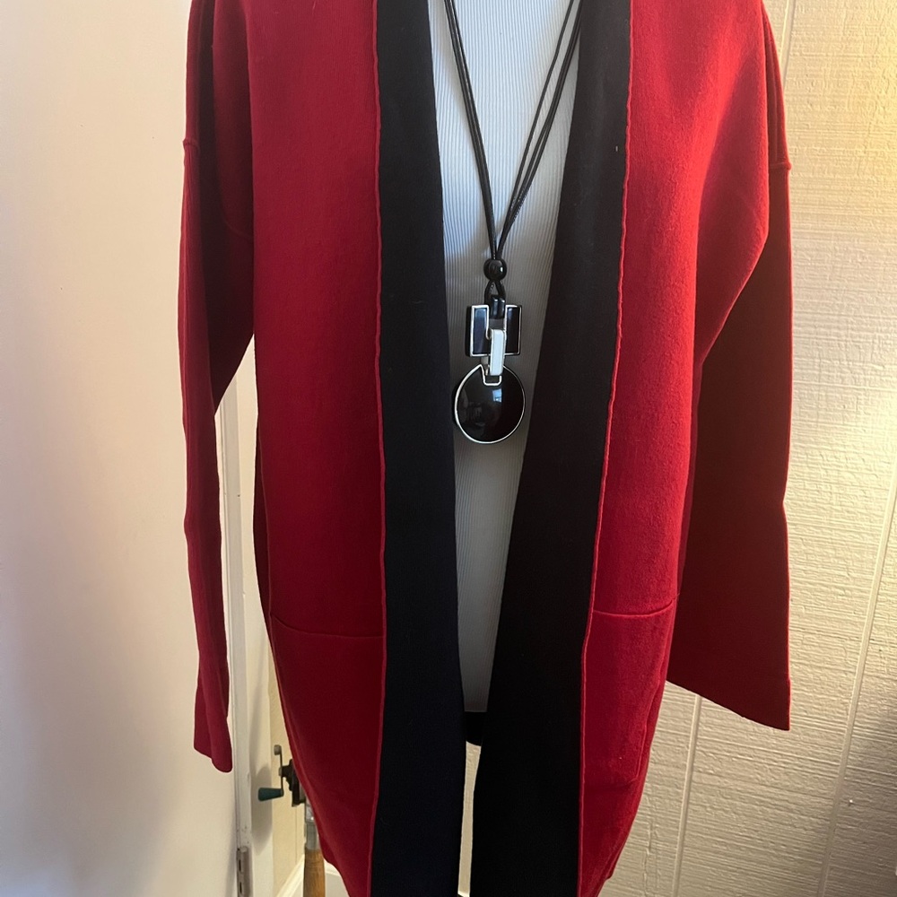 J Jill Reversible Red Black Open Front Pockets Cardigan Sweater